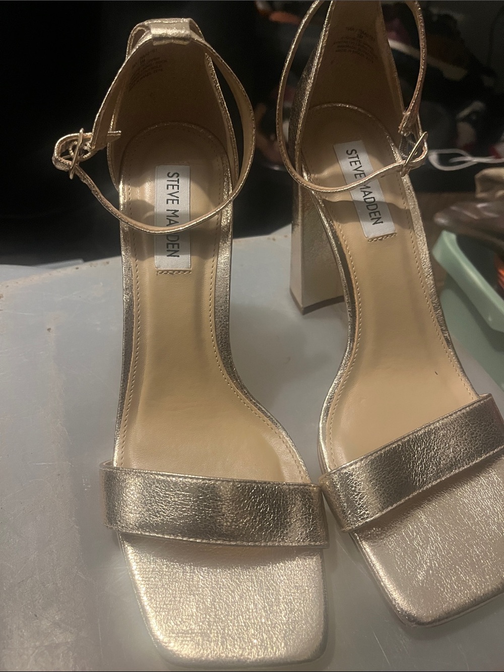 Steve Madden Metallic Gold Ankle-Strap Block Heel Sandals